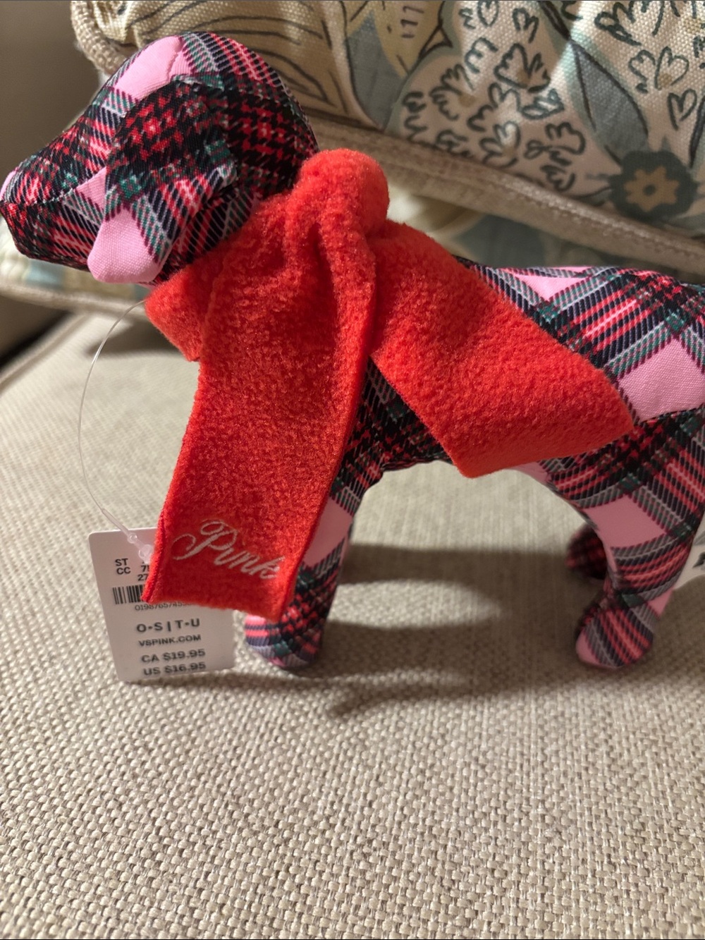 PINK Victoria's Secret Pink and Black Plaid Dog Plush with Red Scarf